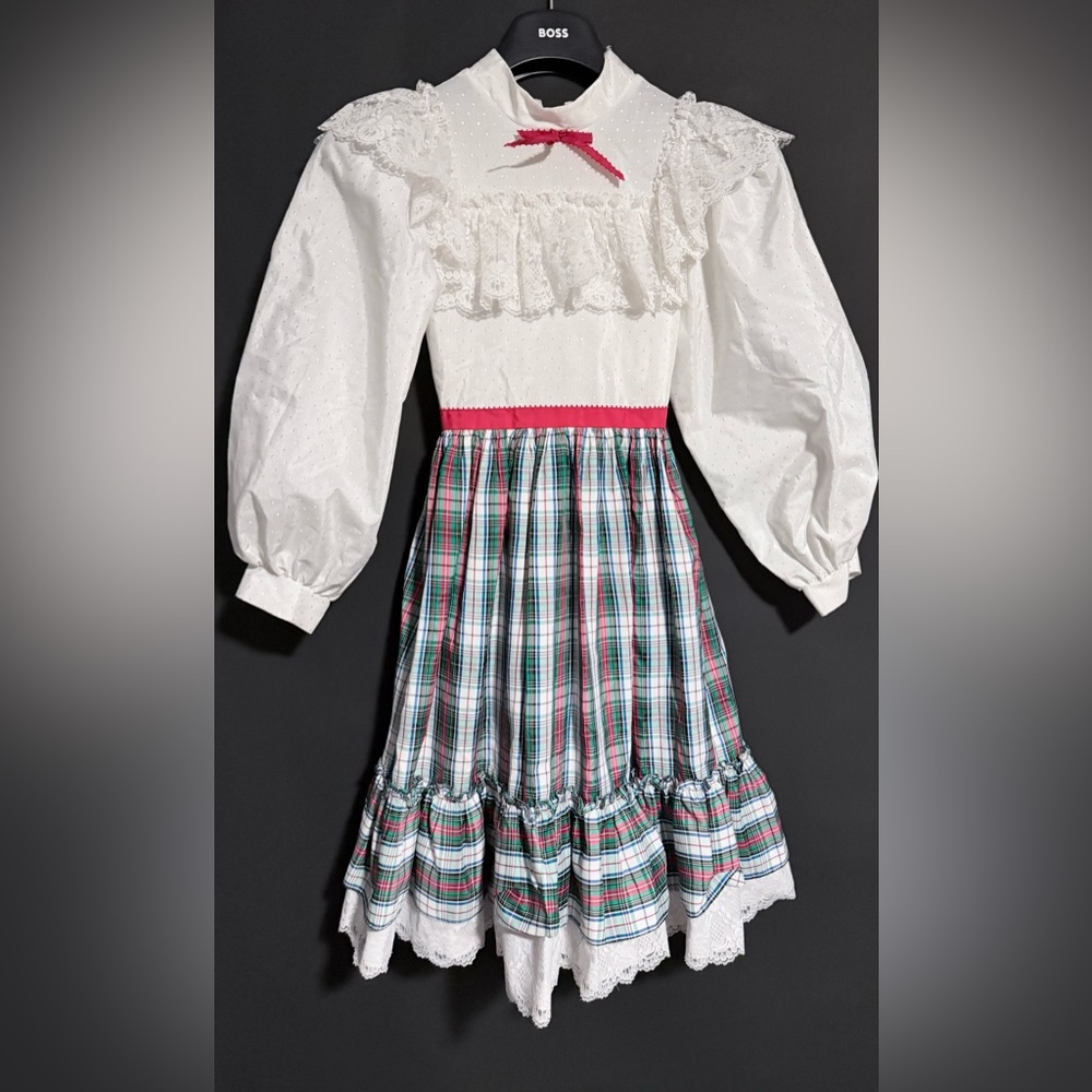 Mini World Inc vintage holiday big girls dress tartan plaid ribbon size 14